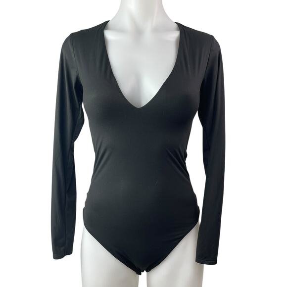 Victoria's Secret Black Deep V-Neck Long Sleeve Fitted One Piece Bodysuit Top S - Picture 1 of 5